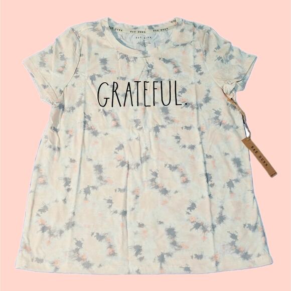Rae Dunn Tie-dye T-Shirt GRATEFUL Sz Medium Short Sleeve Peach Gray Graphic - Picture 2 of 7